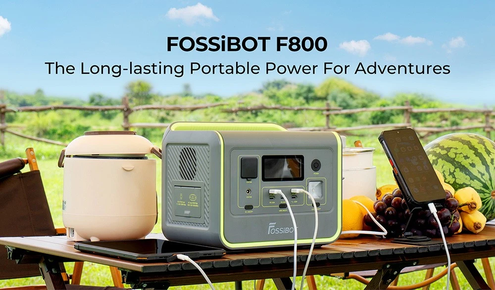 FOSSiBOT F800 Portable Power Station, 512Wh LiFePO4 Solar Generator, 800W AC Output, 200W Max Solar Input, 8 Outlets, LED Light - Black