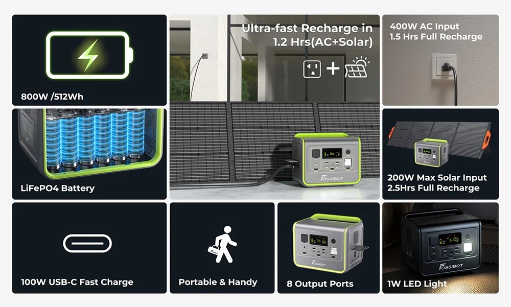 FOSSiBOT F800 Portable Power Station, 512Wh LiFePO4 Solar Generator, 800W AC Output, 200W Max Solar Input, 8 Outlets, LED Light - Black