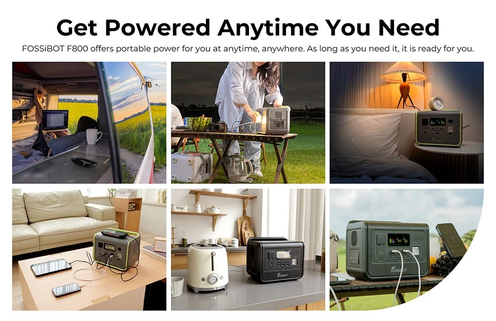 FOSSiBOT F800 Portable Power Station, 512Wh LiFePO4 Solar Generator, 800W AC Output, 200W Max Solar Input, 8 Outlets, LED Light - Black