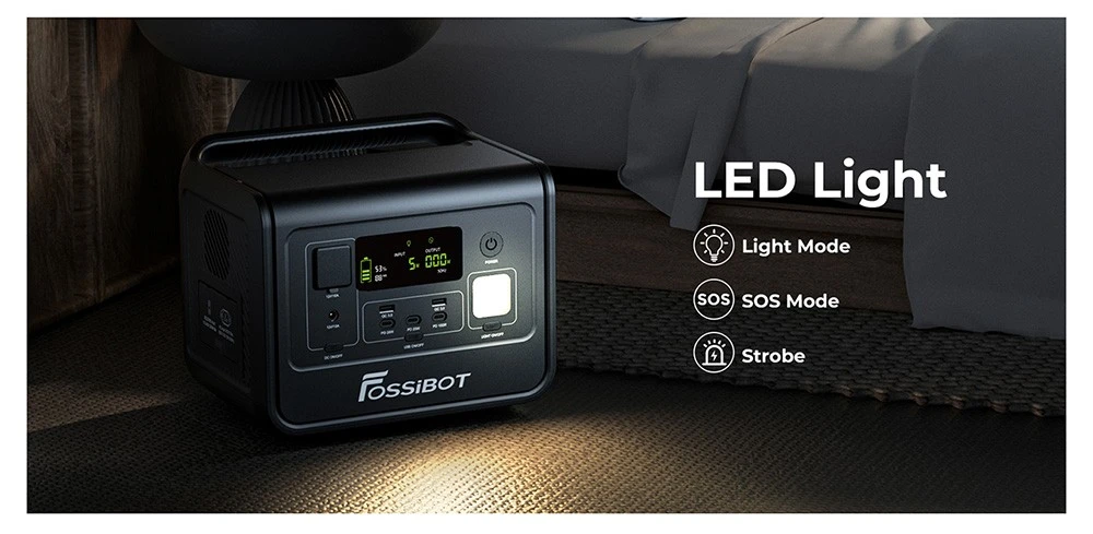 FOSSiBOT F800 Portable Power Station, 512Wh LiFePO4 Solar Generator, 800W AC Output, 200W Max Solar Input, 8 Outlets, LED Light - Black