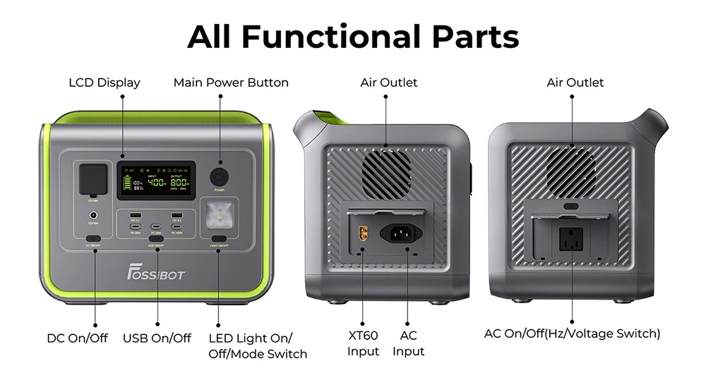 FOSSiBOT F800 Portable Power Station, 512Wh LiFePO4 Solar Generator, 800W AC Output, 200W Max Solar Input, 8 Outlets, LED Light - Black