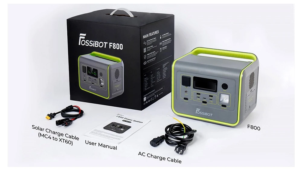 FOSSiBOT F800 Portable Power Station, 512Wh LiFePO4 Solar Generator, 800W AC Output, 200W Max Solar Input, 8 Outlets, LED Light - Black