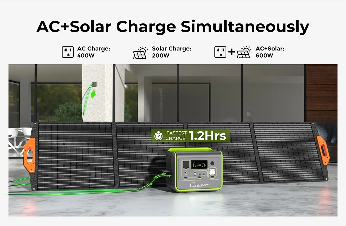 FOSSiBOT F800 Portable Power Station, 512Wh LiFePO4 Solar Generator, 800W AC Output, 200W Max Solar Input, 8 Outlets, LED Light - Black