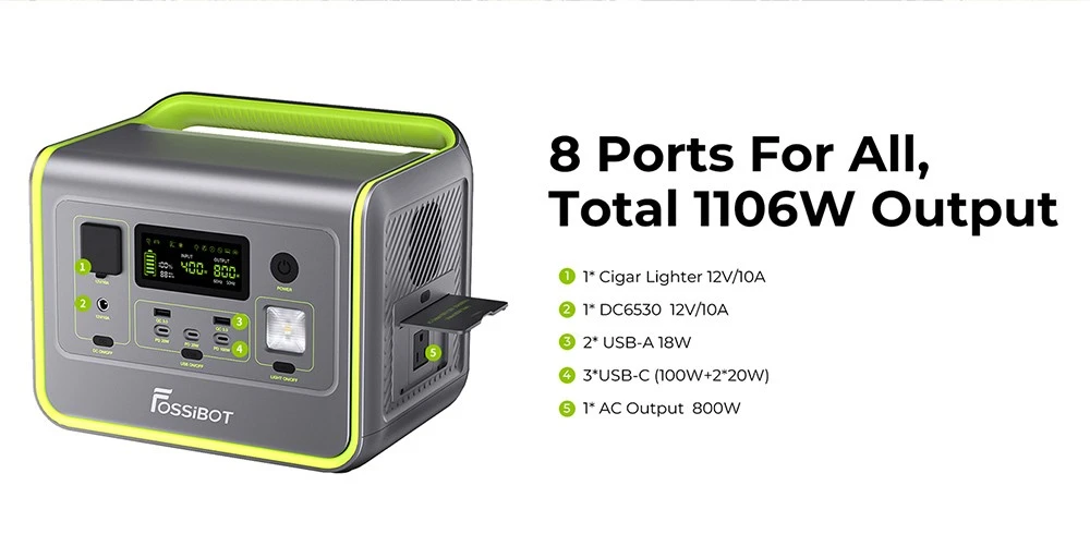 FOSSiBOT F800 Portable Power Station, 512Wh LiFePO4 Solar Generator, 800W AC Output, 200W Max Solar Input, 8 Outlets, LED Light - Black