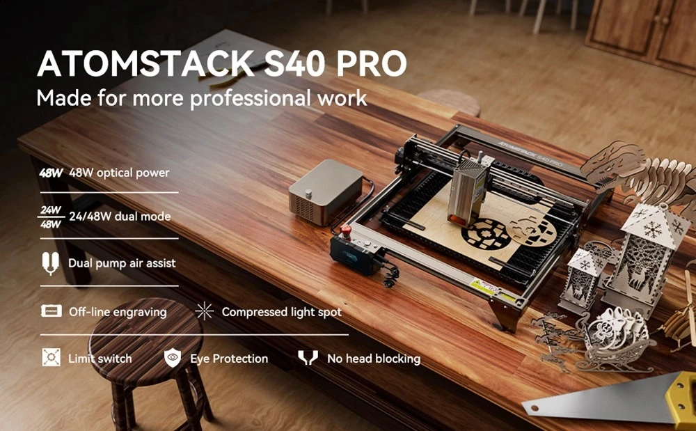 ATOMSTACK S40 Pro Laser Engraver Cutter with F30 Pro Air Assist Kit, 48W Laser Power, Fixed Focus, 0.01mm Engraving Accuracy, 24W/48W Dual Modes, App Control, 400*400mm