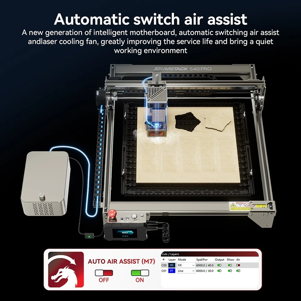 ATOMSTACK S40 Pro Laser Engraver Cutter with F30 Pro Air Assist Kit, 48W Laser Power, Fixed Focus, 0.01mm Engraving Accuracy, 24W/48W Dual Modes, App Control, 400*400mm