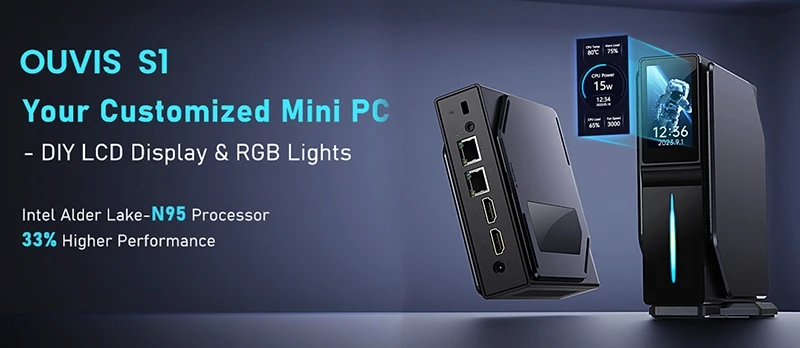 OUVIS S1 Mini PC cu lumină LCD RGB, Intel Alder Lake N95 Windows 11 16 GB RAM 512 GB SSD WiFi 5 Bluetooth 4.2