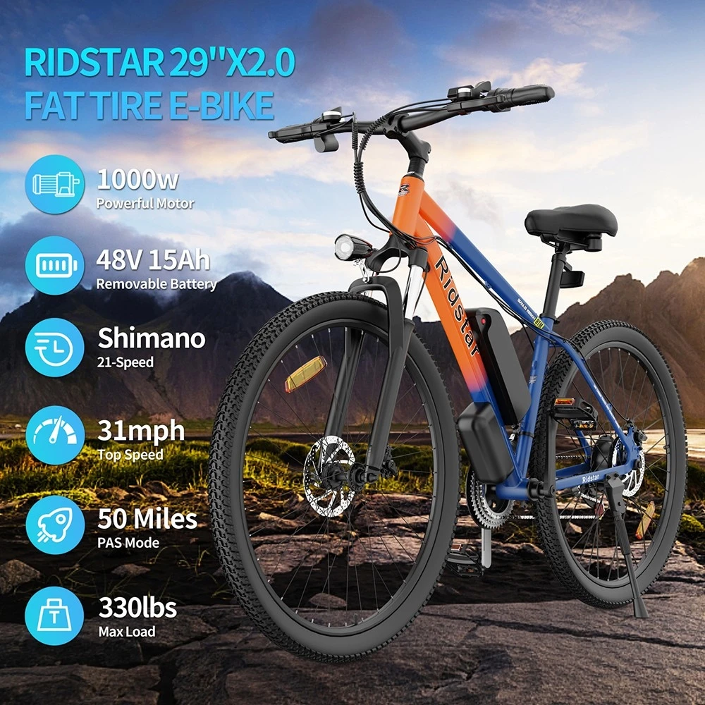 Ridstar S29 Electric Bike 29*2.0 inch Tires 1000W Motor 48V 15Ah Battery 50km/h Max Speed 80km Max Range Mechanical Disc Brakes SHIMANO 21 Speed
