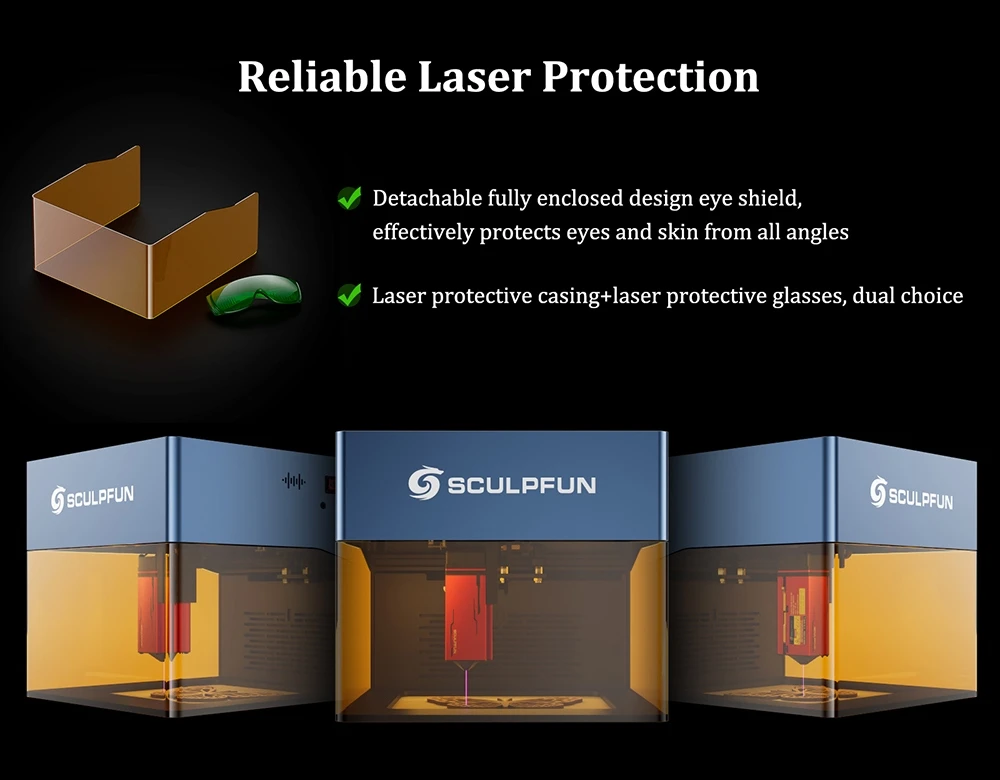Graveur laser SCULPFUN iCube 3W, point laser 0,02 mm, vitesse de gravure 10 000 mm/min, carte mère 32 bits, lentille remplaçable, filtre à fumée, alarme de température, connexion application, 130 x 130 mm - Prise UE