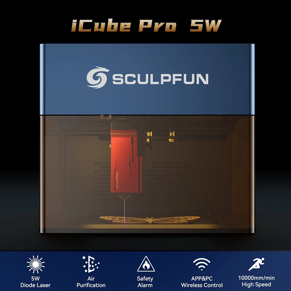 SCULPFUN iCube Pro 5W Laser Engraver, 0.06mm Laser Spot, 10000mm/min Engraving Speed, 32-bit Motherboard, Replaceable Lens, Smoke Filter, Temperature Alarm, App Connection, 130x130mm - EU Plug
