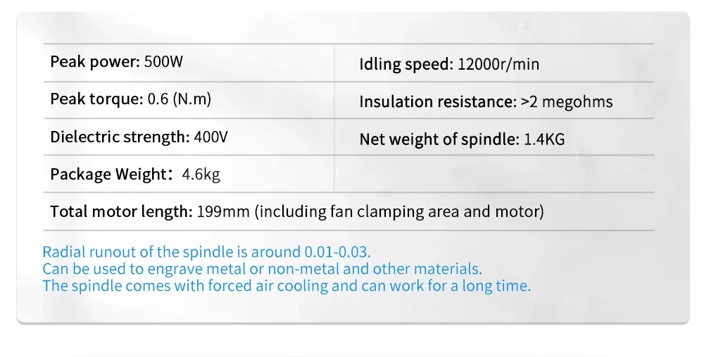 TWO TREES 500W Air Cooled Spindle Motor Set for CNC Engraving Machine, 48VDC, 0.6 Nm Torque - EU Plug