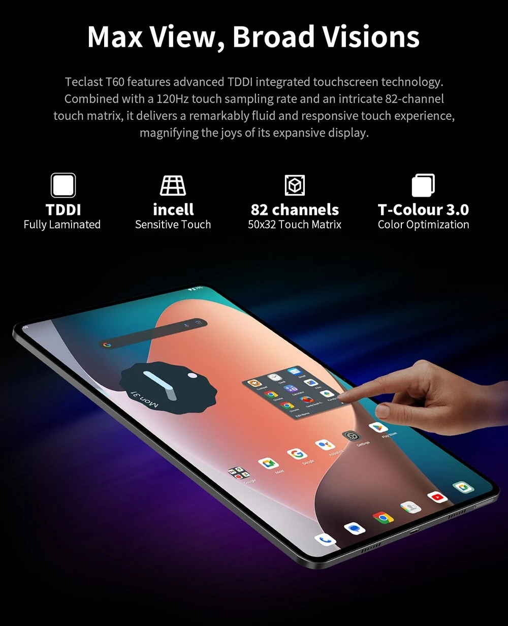 Teclast T60 Android 13 Tablet 12 inch UNISOC T616 Octa-Core Processor 8GB+8GB Expansion DDR4 RAM 256G SSD 2000 * 1200 2K 2.4g/5g Dual-band WiFi Bluetooth 5.0