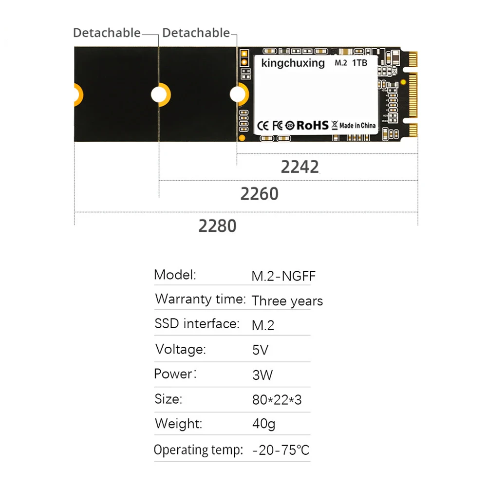 Kingchuxing SSD M2 Sata M.2 NGFF 2242 2260 2280 Detachable Solid State Drive for Desktop Laptop - 1TB