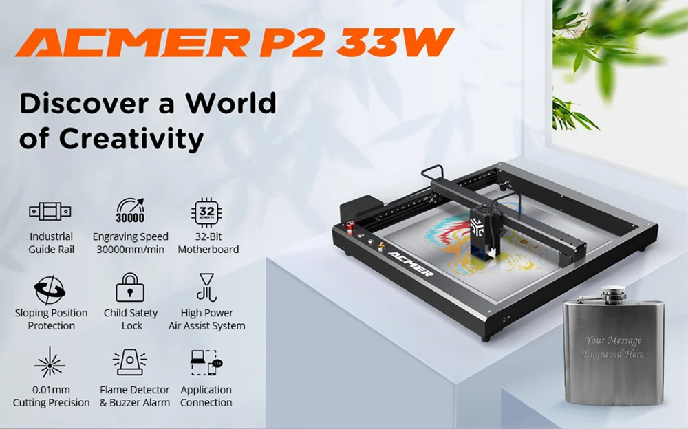 ACMER P2 33W Laser Cutter, Engraving at 30000mm/min, Ultra-silent Auto Air Assist, 0.01mm Engraving Accuracy, iOS Android App Control, Pre-Assembled, 420*400mm