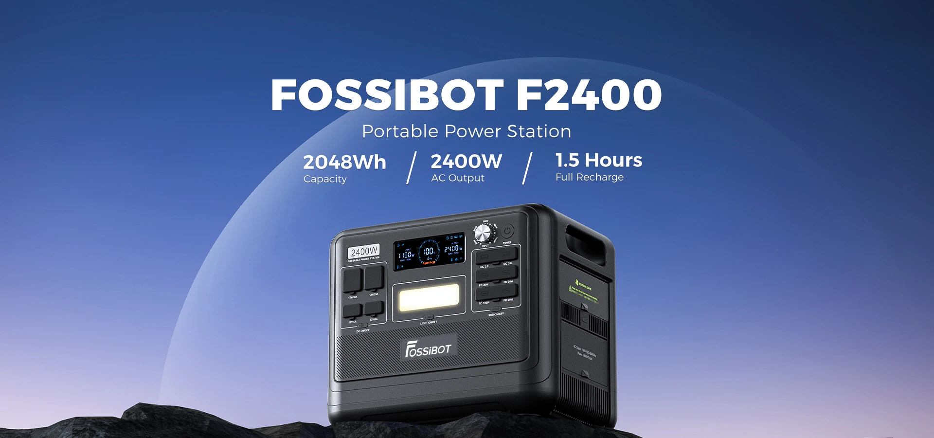 Centrale électrique portable FOSSiBOT F2400 + panneau solaire pliable FOSSiBOT SP200 18 V 200 W, batterie LiFePO4 2048 Wh/640 000 mAh, générateur solaire 2 400 W (4 600 W en crête), 3 prises AC RV Car USB Type-C QC3.0 PD DC5521 à onde sinusoïdale pure, charge rapide en 1,5 heure