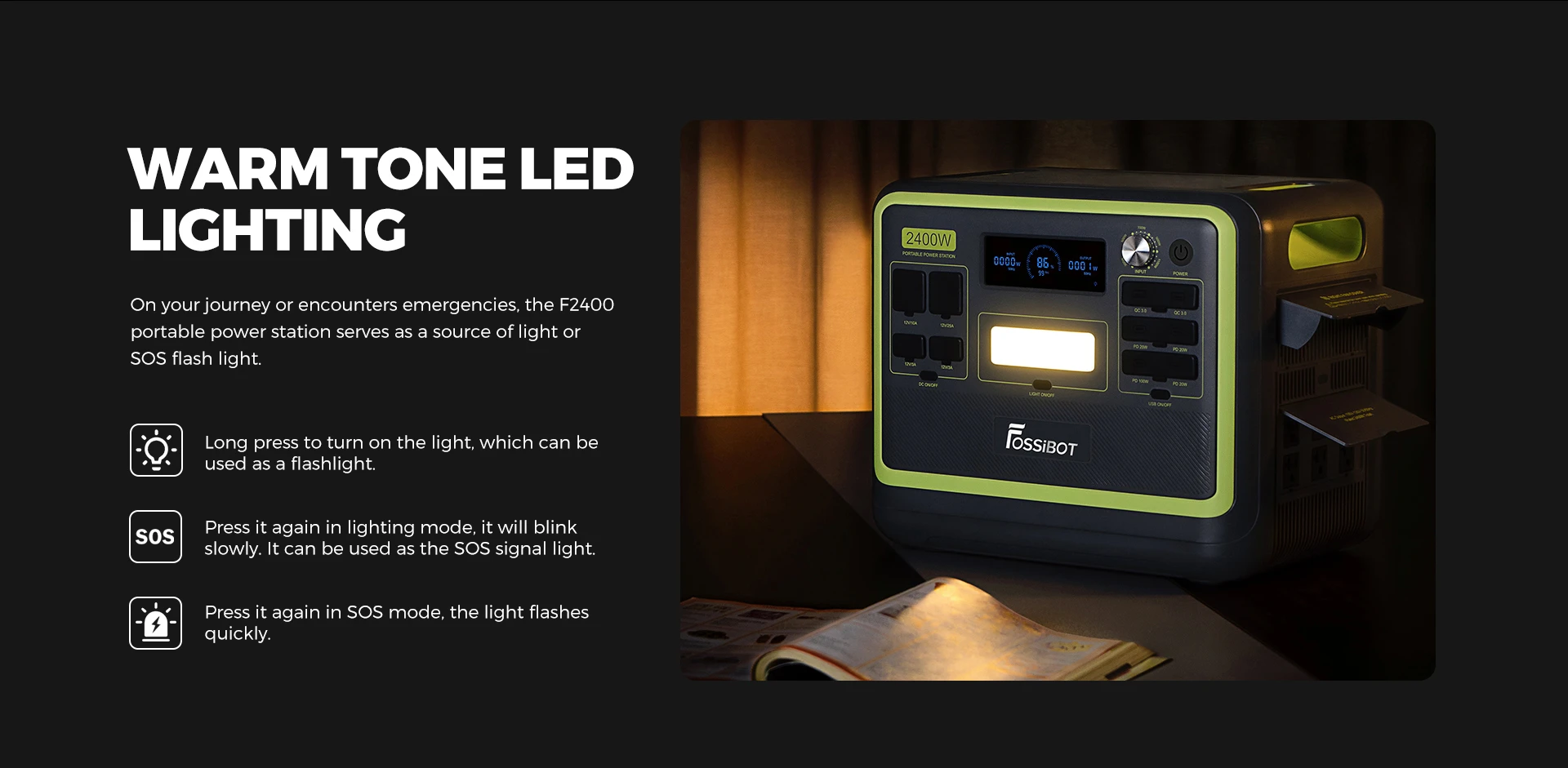 FOSSiBOT F2400 Portable Power Station, 2048Wh LiFePO4 Battery 2400W Output Solar Generator, 3xAC RV Car USB Type-C QC3.0 PD DC5521 Pure Sine Wave Full Outlets, 1.5 Hours Fast Charging, Input Power Adjustment Knob, Bidirectional Inverter - Green