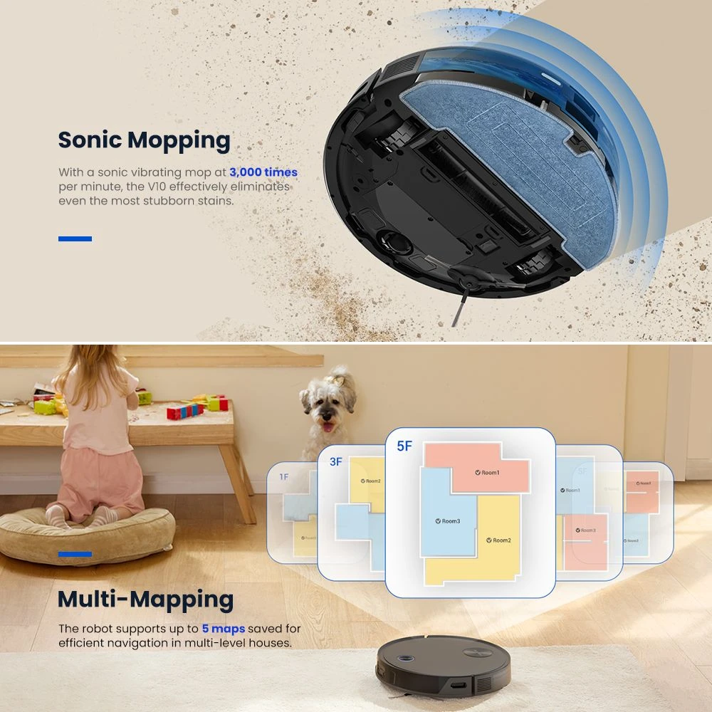 Proscenic V10 Robot Vacuum Cleaner 3 In 1 Vacuuming Sweeping and Mopping 3000pa Vibrating Mopping System LDS Navigation 240ml Dust Bin 2600mAh Battery 120Mins Runtime Smart APP & Alexa Control - Black