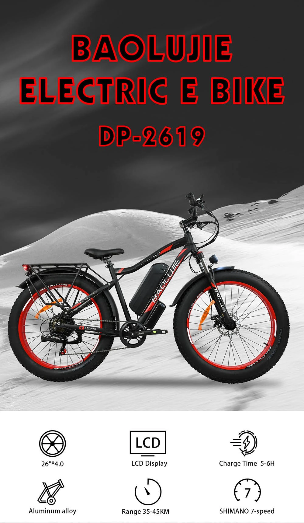 BAOLUJIE DP2619 Electric Bike, 26*4.0inch Fat Tire 750W Motor 48V 13Ah Battery 45km/h Max Speed 45km Max Range SHIMANO 7-speed LCD Display - Blue