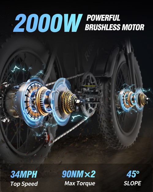 Ridstar Q20 Pro Off-road Electric Bike, 20*4 Inch Fat Tires 2*1000W Motor 52V 20AH Dual Battery 34mph Max Speed 180miles Max Range