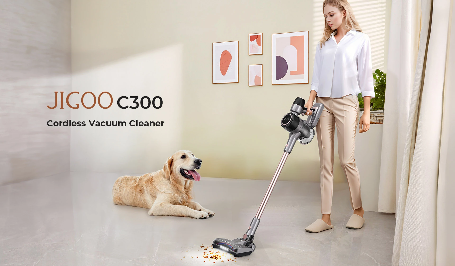 JIGOO C300 Cordless Vacuum Cleaner, 30KPa Suction, 400W Motor, 1.2L Dust Bowl, 5-Stage Filtration, Hanggang 45 Minutes Run Time, 2000mAh Removable Battery, LED Touch Screen, Rotating Metal Tube