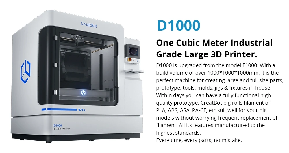 CreatBot D1000 3D Printer, Auto-Leveling, Camera Control, Auto-Rising Dual Extruders, 120mm/s Max Printing Speed, HEPA Air Filter, Single Extrusion Volume 1000x1000x1000mm, Dual Extrusion Volume 940x1000x1000mm