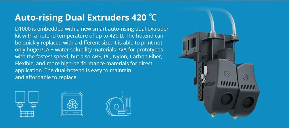 CreatBot D1000 3D Printer, Auto-Leveling, Camera Control, Auto-Rising Dual Extruders, 120mm/s Max Printing Speed, HEPA Air Filter, Single Extrusion Volume 1000x1000x1000mm, Dual Extrusion Volume 940x1000x1000mm