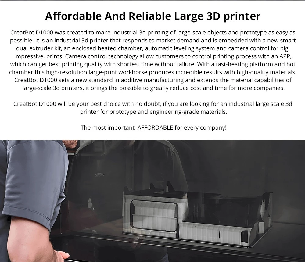 CreatBot D1000 3D Printer, Auto-Leveling, Camera Control, Auto-Rising Dual Extruders, 120mm/s Max Printing Speed, HEPA Air Filter, Single Extrusion Volume 1000x1000x1000mm, Dual Extrusion Volume 940x1000x1000mm