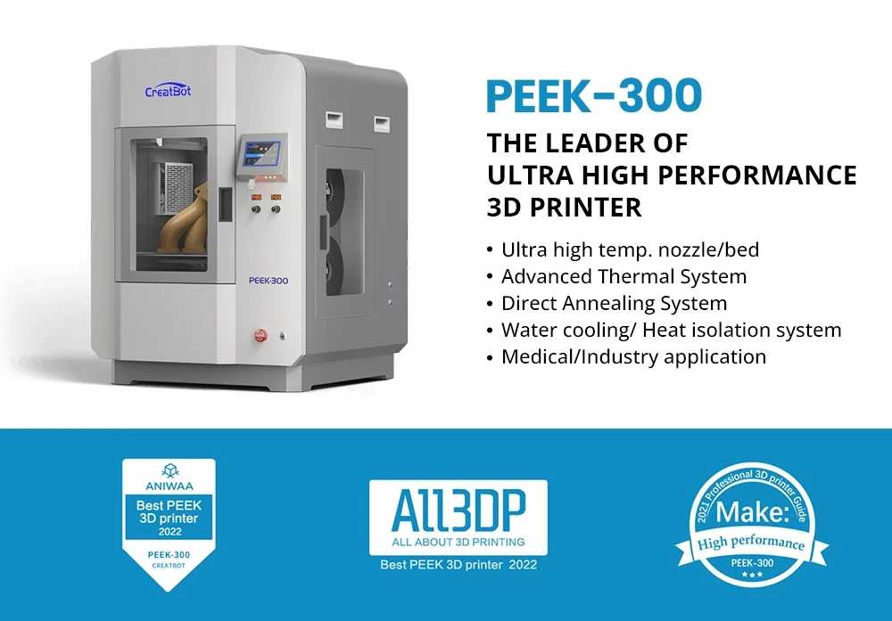 CreatBot PEEK-300 3D Printer, Auto-Leveling, Auto-Rising Dual Extruders, 10-120mm/s Print Speed, Direct Annealing System, Air Pump/Water Cooling, Single Extrusion Volume 300x300x400mm, Dual Extrusion Volume 240x300x400mm