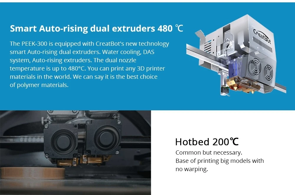 CreatBot PEEK-300 3D Printer, Auto-Leveling, Auto-Rising Dual Extruders, 10-120mm/s Print Speed, Direct Annealing System, Air Pump/Water Cooling, Single Extrusion Volume 300x300x400mm, Dual Extrusion Volume 240x300x400mm