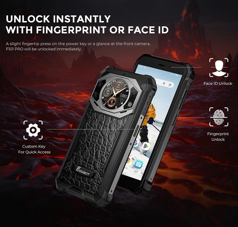 FOSSiBOT F101 PRO Rugged Smartphone, 8GB+128GB, AI Triple Camera, 1.32 inch Rear Screen, 10600mAh Large Battery, Fingerprint/Face Unlock, 5.45 inch HD+ IPS Screen, Android 13.0 - Leather