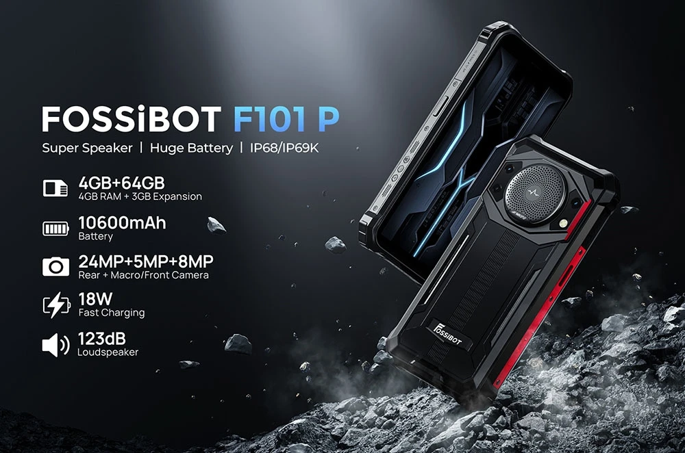 FOSSiBOT F101P Rugged Smartphone, 4GB+64GB, AI Triple Camera, 123dB Speaker, MediaTek Helio P22 Octa-Core, 10600mAh Large Battery, Fingerprint/Face Unlock, 5.45 inch HD+ IPS Screen, Android 13.0 - Red