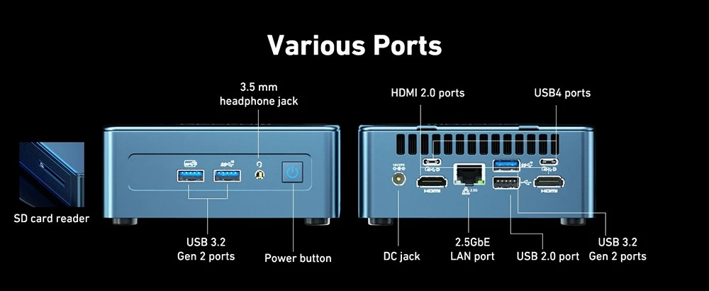 GEEKOM IT13 Mini PC, Intel i9-13900H 14 Cores 20 Threads Up to 5.40 GHz, 32GB DDR4 RAM 2TB SSD, 2*USB4.0(8K@60Hz)+2*HDMI2.0(4K@60Hz) 4 Screens Display, WiFi6E Bluetooth5.2, 3*USB3.2 1*USB2.0 1*SD Card Slot 1*Headphone Jack 1*2.5GbE LAN - EU Plug
