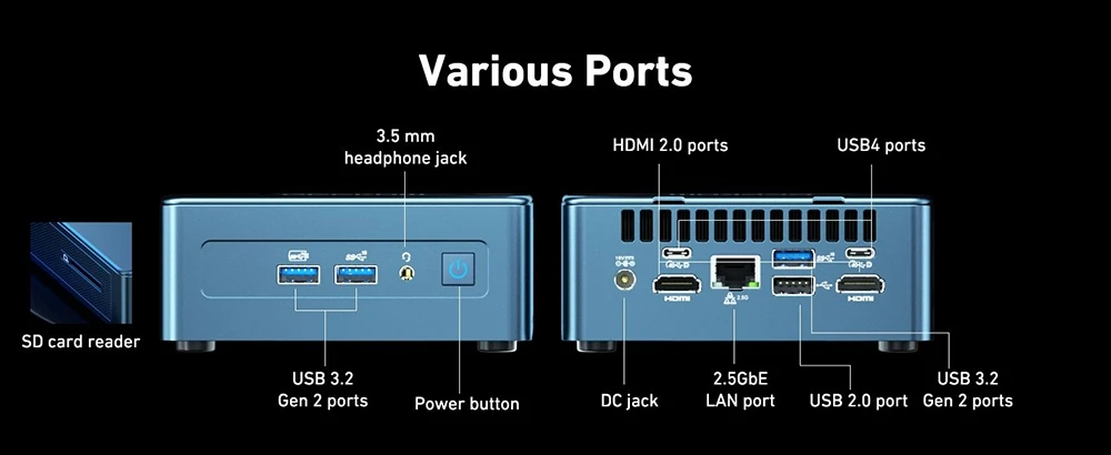 GEEKOM IT13 Mini-PC, Intel i9-13900H 14 Kerne 20 Threads bis zu 5,40 GHz, 32 GB DDR4 RAM 2 TB SSD, 2*USB4.0(8K@60Hz)+2*HDMI2.0(4K@60Hz) 4 Bildschirme Display, WiFi6E Bluetooth5.2, 3*USB3.2 1*USB2.0 1*SD-Kartensteckplatz 1*Kopfhöreranschluss 1*2,5GbE LAN – EU-Stecker