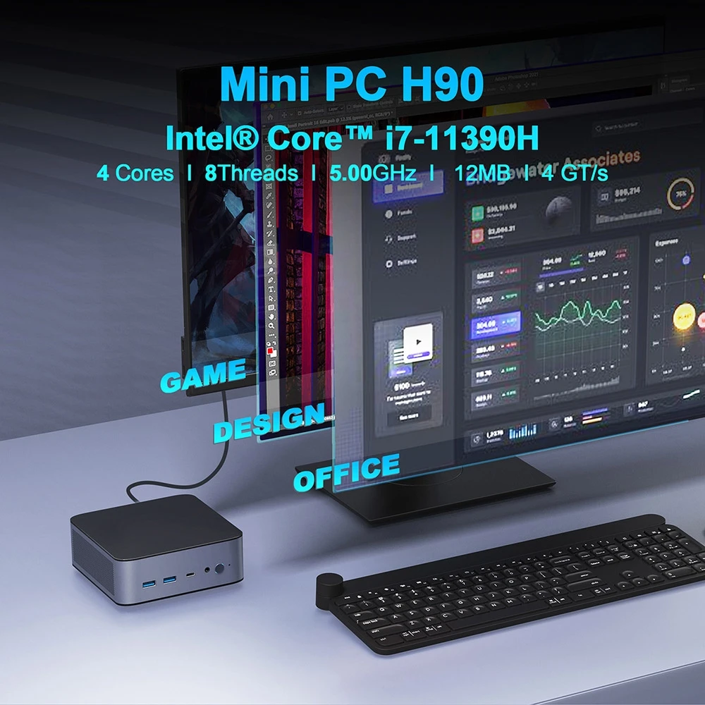 GXMO H90 Mini PC, Intel i7-11390H 4 Cores 8 Threads Up to 5.0 GHz, 16GB DDR4 RAM 512GB SSD, WiFi 6 Bluetooth 5.0, DP (8K) HDMI (4K) Type-C (4K) Triple Screen Display, 4*USB3.2, 2*2.5G RJ45, 1*Audio Jack - EU Plug