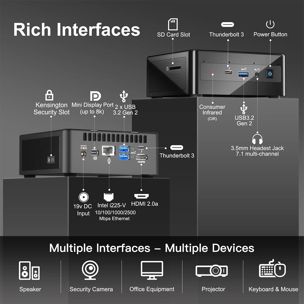 Intel NUC 11 Mini PC, Intel Core i7-1165G7 Quad Core Up to 4.7GHz, 32GB ‎DDR4 RAM 1TB SSD, 1* HDMI 1*DP 2*Thunderbolt 4K Duadruple Display, 2.4/5GHz Wi-Fi6 Bluetooth5.2, 3*USB3.2 1*SD Card Slot 1*RJ45 1*Audio Jack