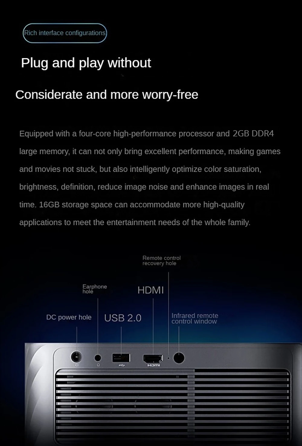 Projektor Lenovo Xiaoxin 100, 1080P 700ANSI Lumens 2GB+16GB WiFi 6 Bluetooth 5.0 Korrigjimi i gurit të fokusit automatik - E zezë