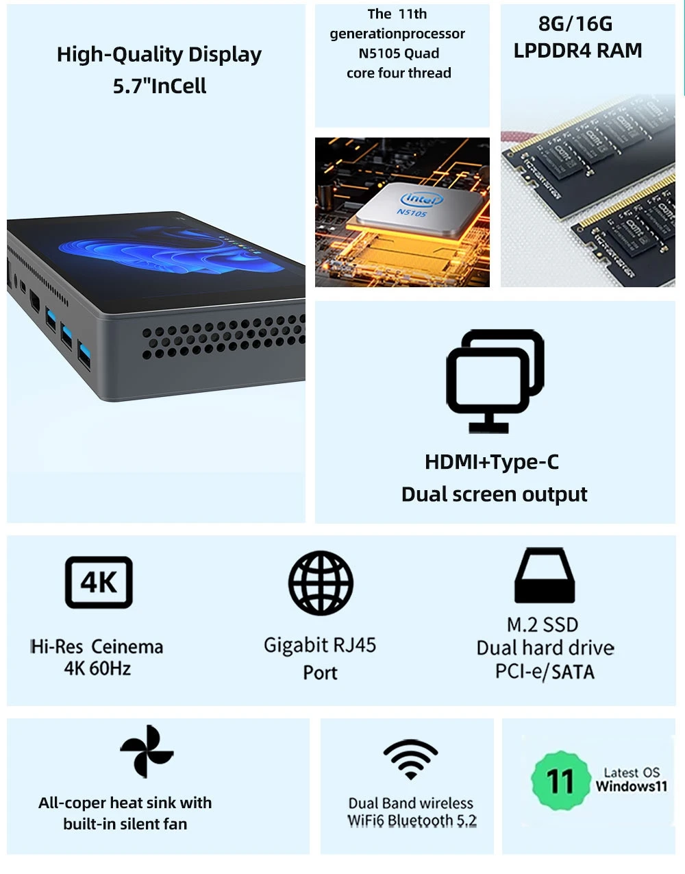 Meenhong JX2 Pocket Mini PC, 5.7 inch Touchscreen,1920x1080 FHD, Intel N5105 4 Cores Up to 2.9GHz, 8GB DDR4 RAM 256GB SSD, HDMI+Type-C 4K@60Hz Dual Screen Display, Dual-band WiFi 6 Bluetooth 5.2, 1*Rj45 1*HD 3*USB3.0 - EU