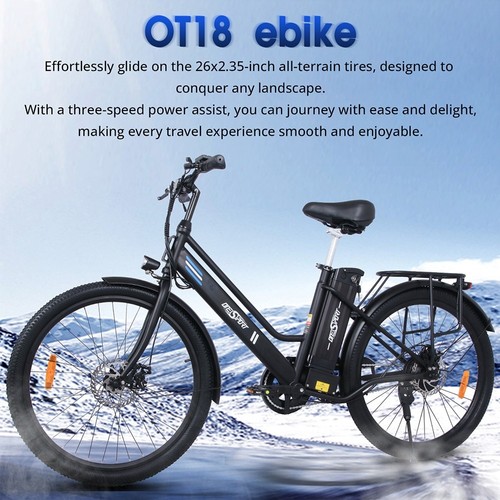 ONESPORT OT18 elektrinis dviratis, 26*2,35 colio padangos 350W variklis 36V14,4Ah baterija 25km/h maksimalus greitis – juodas