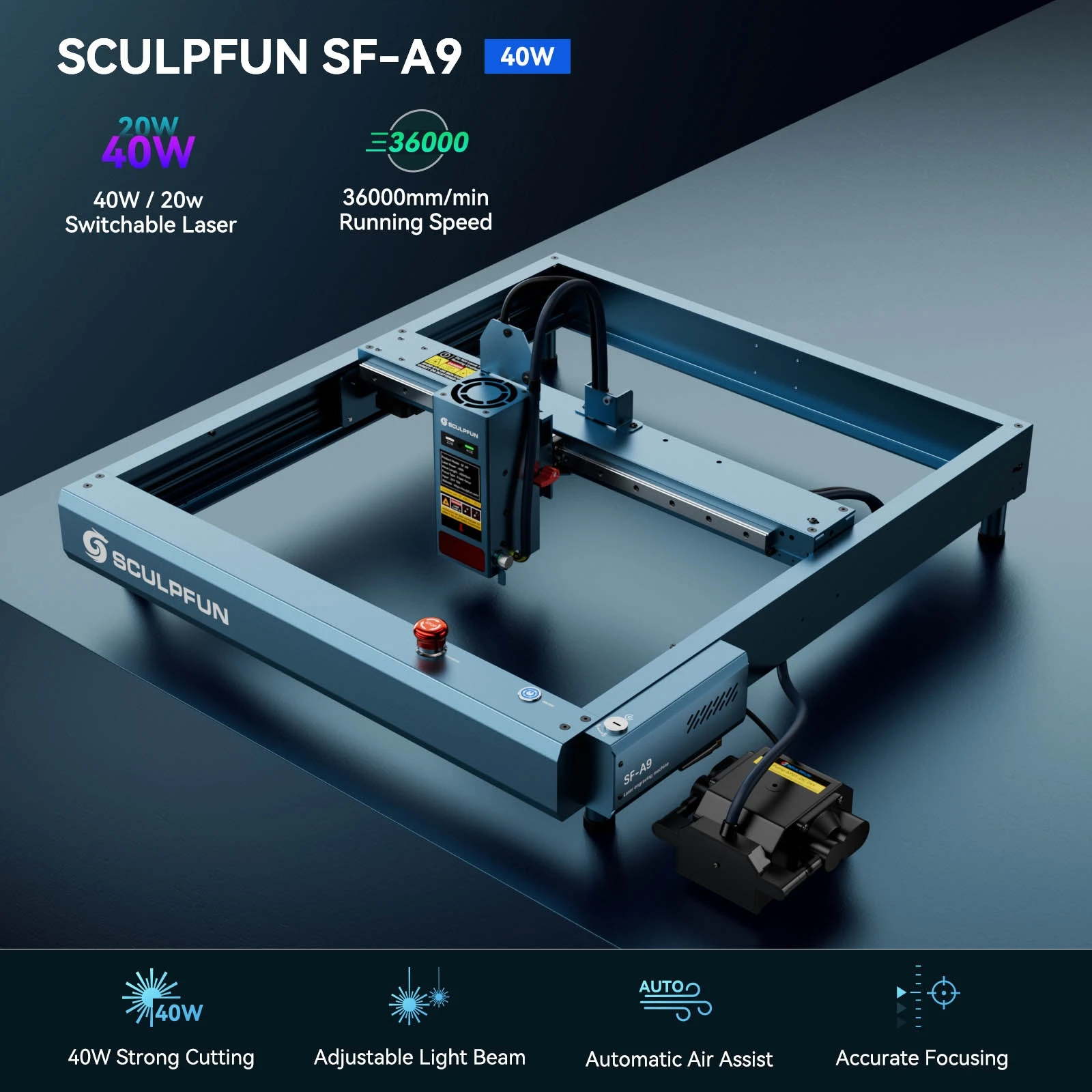 SCULPFUN SF-A9 Laser Engraver Cutter, 40W/20W Switchable Laser Power, Auto Air Assist, 36000mm/min Engraving Speed, Precise Focusing, WiFi/Bluetooth Connection, 400x400mm - EU Plug