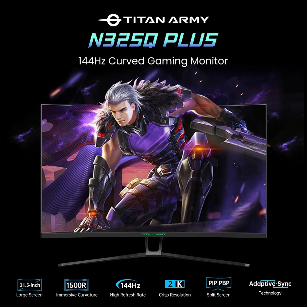 TITAN ARMY N32SQ PLUS Curved Gaming Monitor, 31.5-Inch 1500R 16:9 VA Panel, 144Hz Refresh Rate, 2560x1440 HD, 99% sRGB 1ms MPRT Response Time, Low-blue, Support FPS/RTS Gaming Mode, 2*HDMI 2.0 2*DP 1.4 1*Audio, Tilt Adjustment with Wall Mount