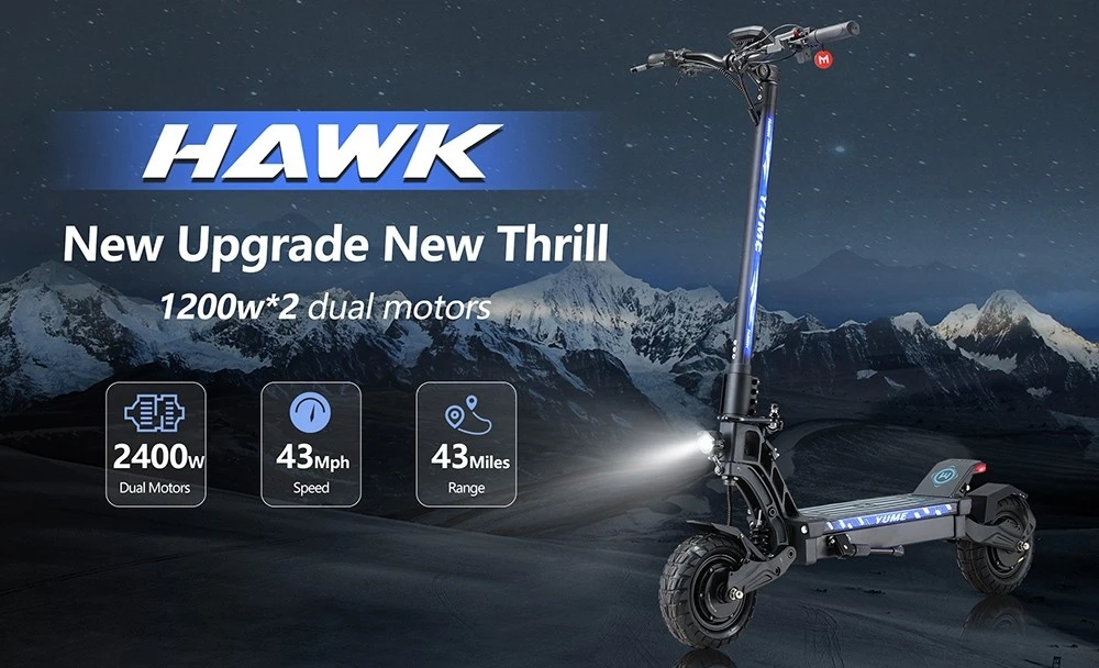 YUME HAWK Electric Scooter, 10x3.15" Tubeless All-terrain Tires 1200W*2 Motor 60V 22.5Ah Battery 43mph Max Speed 43miles Max Range Hydraulic Disc Brake 126kg Max Load APP Control