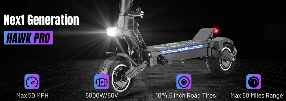 YUME HAWK Pro Electric Scooter, 10x4.5" Tubeless Road Tires 3000W*2 Motor 60V 30Ah Battery 50mph Max Speed 60miles Max Range 3 Gears Shift System Disc Brake Adjustable Hydraulic Suspension NFC APP Control