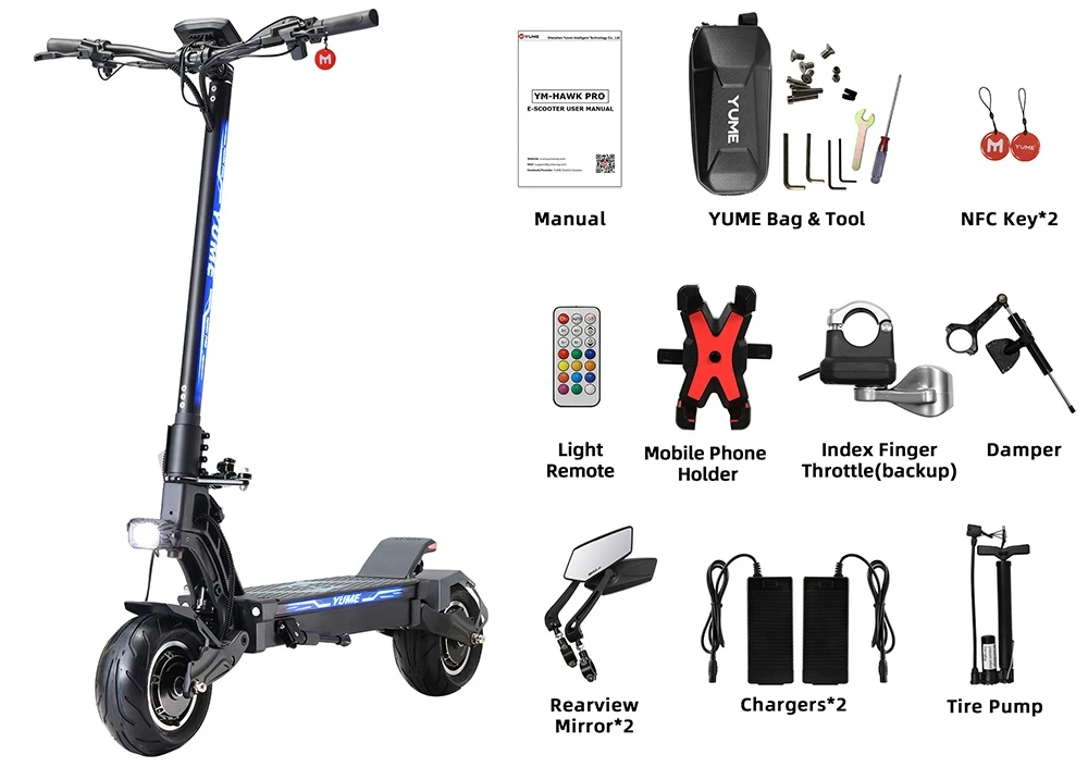 YUME HAWK Pro Electric Scooter, 10x4.5" Tubeless Road Tires 3000W*2 Motor 60V 30Ah Battery 50mph Max Speed 60miles Max Range 3 Gears Shift System Disc Brake Adjustable Hydraulic Suspension NFC APP Control