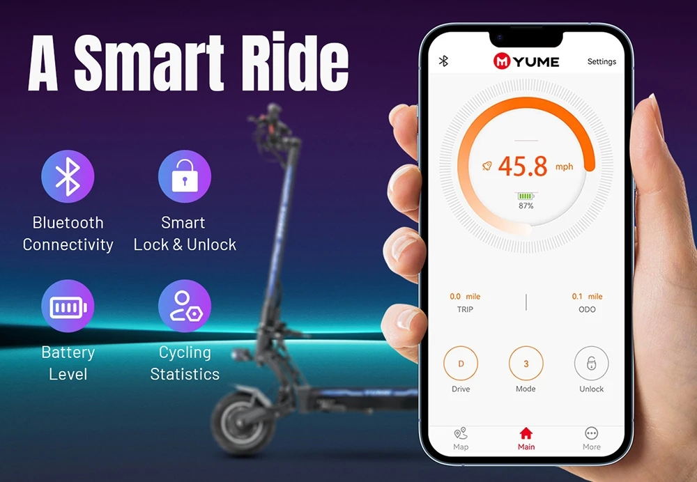 YUME HAWK Pro Electric Scooter, 10x4.5" Tubeless Road Tires 3000W*2 Motor 60V 30Ah Battery 50mph Max Speed 60miles Max Range 3 Gears Shift System Disc Brake Adjustable Hydraulic Suspension NFC APP Control