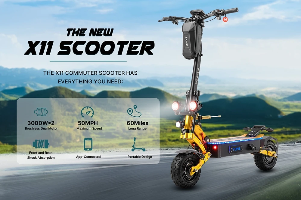 YUME X11+ Electric Scooter, 3000W*2 Motor 60V 30Ah Battery 11-inch Off-road Fat Tires 50mph Max Speed 60miles Range EBS Front & Rear Hydraulic Disk Brakes LCD Display