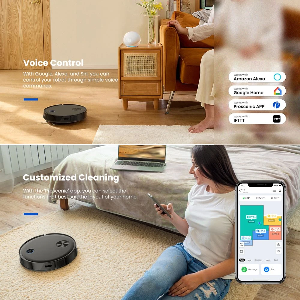 Proscenic V10 Robot Vacuum Cleaner 3 In 1 Vacuuming Sweeping and Mopping 3000pa Vibrating Mopping System LDS Navigation 240ml Dust Bin 2600mAh Battery 120Mins Runtime Smart APP & Alexa Control - Black