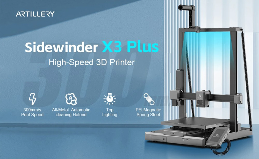 Artillery Sidewinder X3 Plus Imprimante 3D, mise à niveau automatique, vitesse d'impression maximale de 300 mm/s, extrudeuse directe à double engrenage, buse de nettoyage automatique, carte mère STM32 bits, éclairage supérieur, 300 x 300 x 400 mm