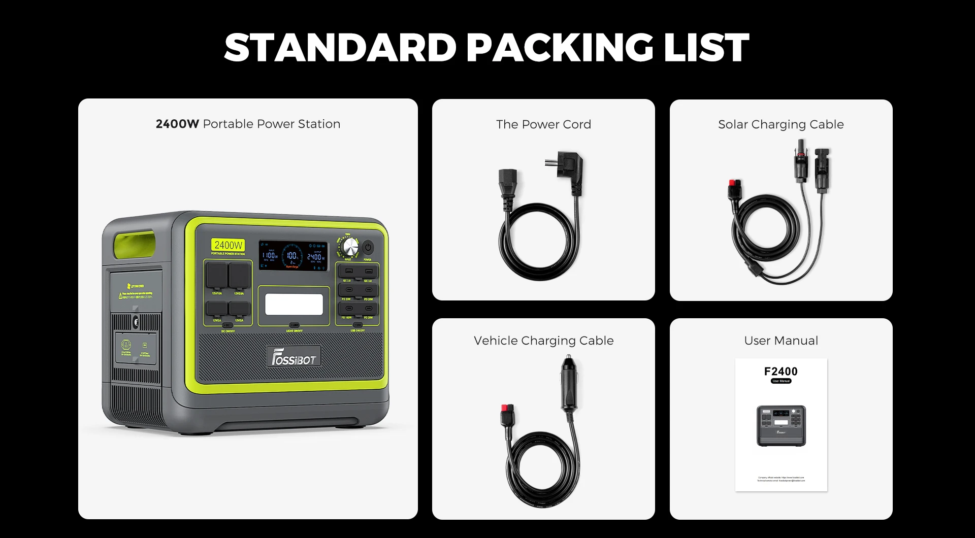 Centrale électrique portable FOSSiBOT F2400 + panneau solaire pliable FOSSiBOT SP200 18 V 200 W, batterie LiFePO4 2048 Wh/640 000 mAh, générateur solaire 2 400 W (4 600 W en crête), 3 prises AC RV Car USB Type-C QC3.0 PD DC5521 à onde sinusoïdale pure, charge rapide en 1,5 heure