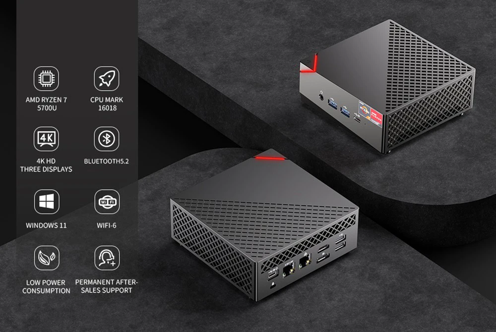 T-bao MN57 Mini PC, AMD R7 5700U 8 Cores up to 4.3GHz, 32GB DDR4 RAM 1TB SSD, WiFi 6 Bluetooth 5.2, HDMI Type-C DP 4K Triple Display, 2*USB2.0 2*USB3.0 1*Headphone Jack, 2.5Gbps+1Gbps Dual LAN - EU