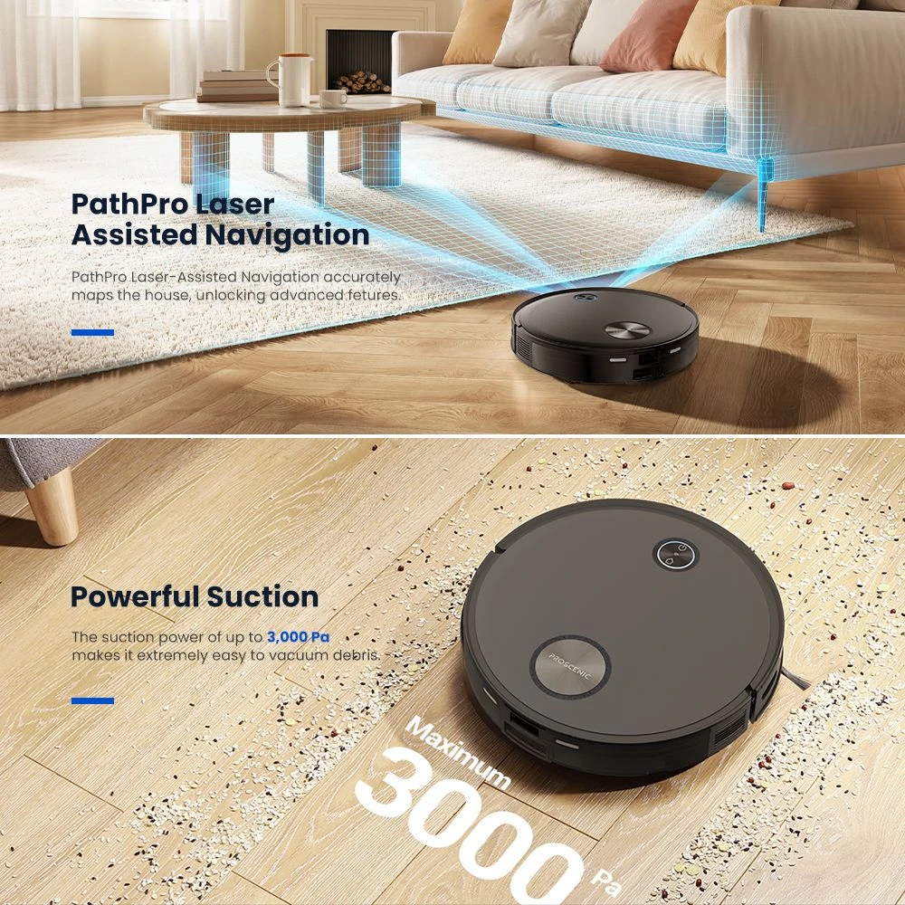 Proscenic V10 Robot Vacuum Cleaner 3 In 1 Vacuuming Sweeping and Mopping 3000pa Vibrating Mopping System LDS Navigation 240ml Dust Bin 2600mAh Battery 120Mins Runtime Smart APP & Alexa Control - Black